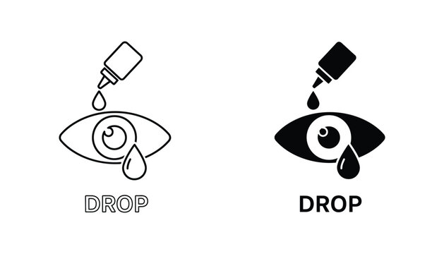 Eye drop medication icon set showing bottle and liquid application for health and vision