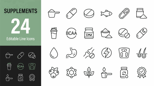 Dietary Supplements Line Editable Icons set. Modern thin line style of sport nutrition icons: protein scoop, capsule, pill, fish oil, BCAA, shaker, joint, stomach, energy, weight.