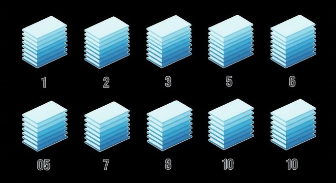 Isometric stacks of blue rectangular blocks arranged in two rows with numerical labels below each pile on a black background