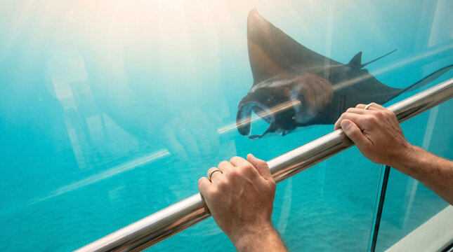 Close up hands gripping the railing of an underwater hotel bedroom balcony as a large manta ray passes silently two meters away in clear blu 3