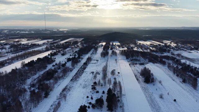 Snowy agricultural fields bordered by forest in winter