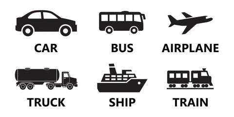 Obraz premium Transportation and vehicle silhouette icons set featuring car, bus, airplane, truck, ship, and train