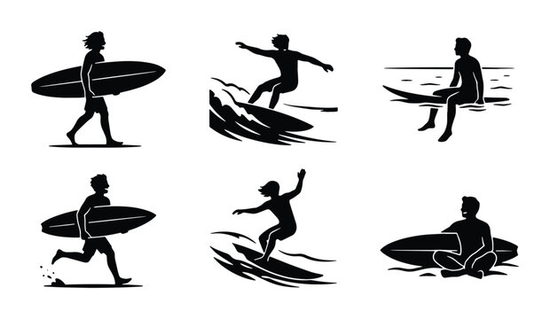 surfer icons set on white background