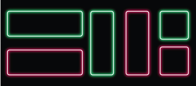 Collection of rounded neon rectangles in green and magenta on black background, modern frames and shapes, glowing outlines for design, abstract UI elements