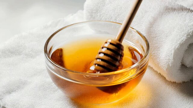 Golden honey in a glass bowl with a wooden dipper on white towels. Natural skincare and spa treatment concept. Organic honey for wellness
