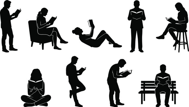 Set of black vector silhouettes of people reading books in different posesSet of black vector silhouettes of people reading books in different poses