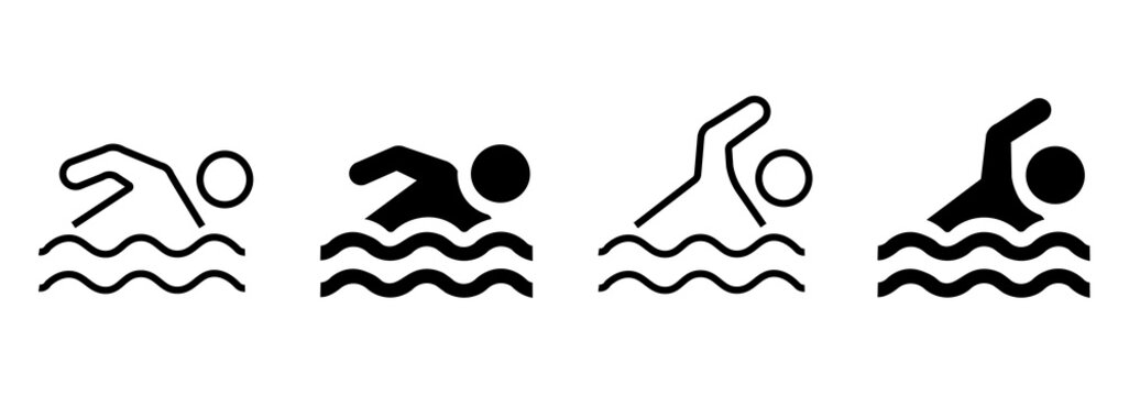 Swimmer sign icon set. Collection of swimming symbols in water with waves. Isolated line and flat style swimming icons.