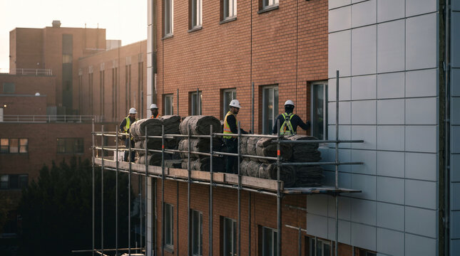 Retrofit insulation crews work across the exterior of a mid-century hospital building, rolls of mineral wool stacked on scaffolding platform 3