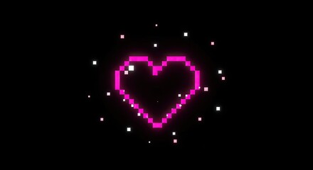 Fototapeta premium Pixelated pink heart surrounded by glowing white dots on a black background