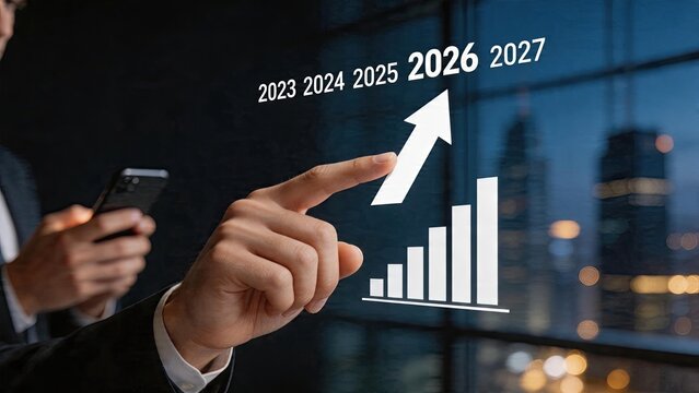 Businessman selecting future growth targets 2026 on financial chart graph pointing index finger at rising arrow