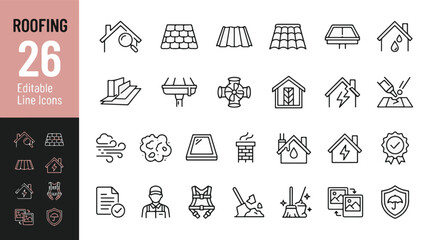 Roofing and House Maintenance Line Editable Icons Set. Vector illustration in modern thin line style of roof repair related icons: shingles, gutters, inspection, solar, worker, leaks © Jason