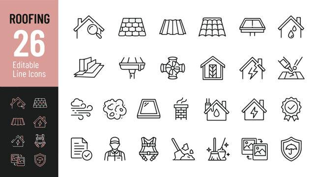 Roofing and House Maintenance Line Editable Icons Set. Vector illustration in modern thin line style of roof repair related icons: shingles, gutters, inspection, solar, worker, leaks