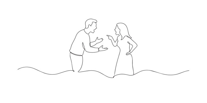 One line drawing of husband and wife arguing. Emotional tension in relationship. Marriage conflict concept. Modern minimalist style. single line art vector illustration.