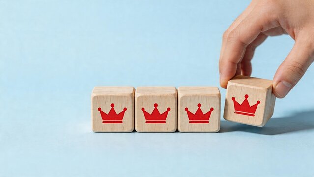 Business leader strategy management wooden cube blocks with crown symbol choosing winner ranking first place top performance concept