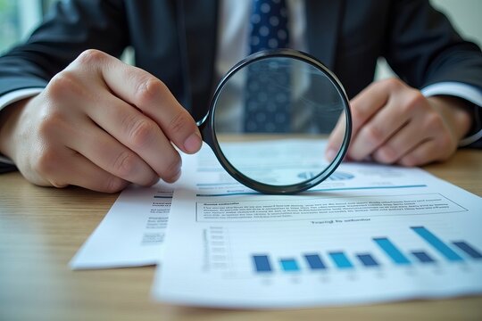 Auditor Examining Business Document with Magnifying Glass for Signs of Fraud or Counterfeiting