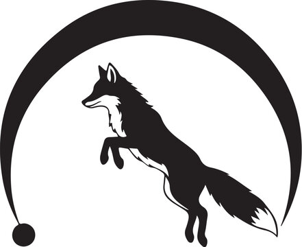 Black fox silhouette, jumping fox icon, crescent moon symbol, animal logo