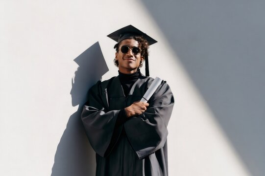 Young graduate student celebrating academic success holding diploma