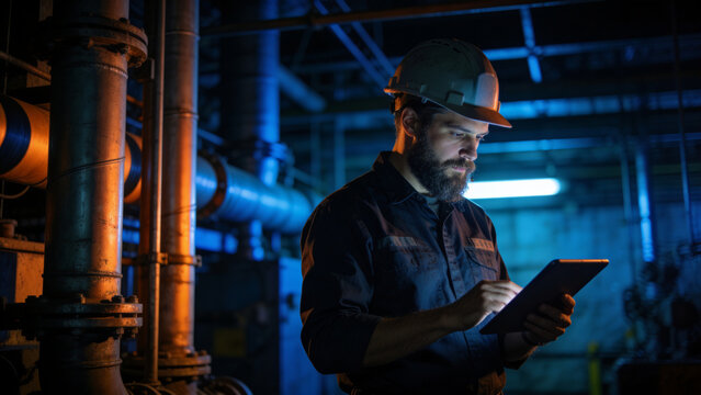 Industrial Worker Using Tablet in Factory with Metal Pipes and Machinery, Modern Technology Integration in Engineering and Manufacturing Environment