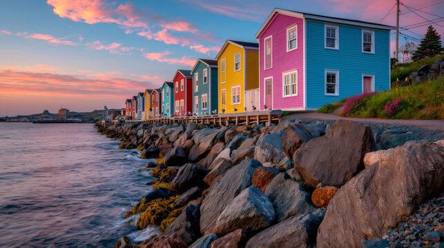 St. John's jellybean row colorful houses along rocky ocean coast at sunset