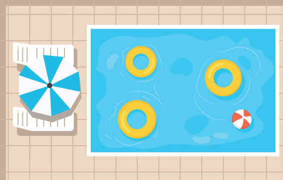 Vector illustration of a large swimming pool with clear blue water, an inflatable ring, a colorful ball, sun loungers with umbrellas, and flip-flops. Relaxing by the pool.