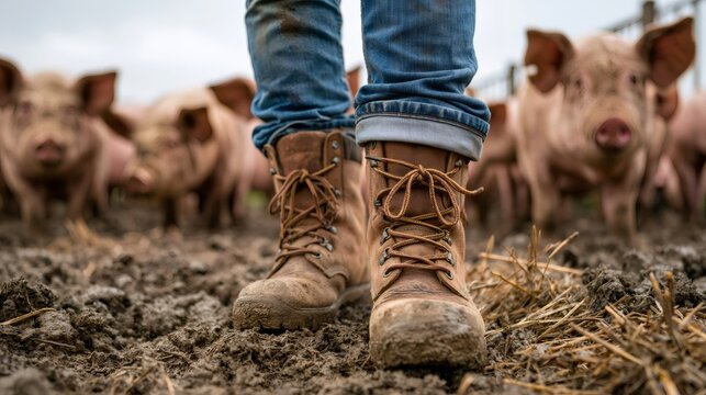 Farmer standing in muddy pig pen with livestock