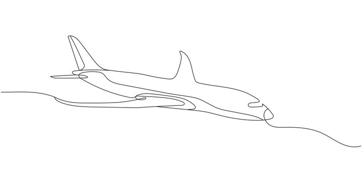 A solid line drawing of a flying airplane. A single-line drawing of an airplane. Vector illustration. Editable line