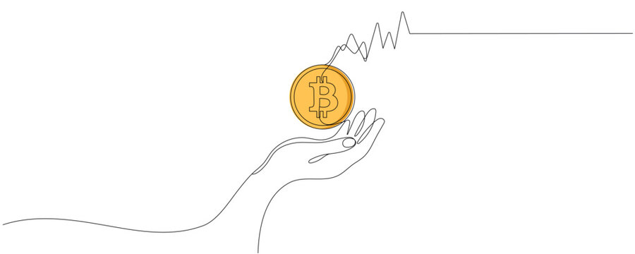 Continuous one line drawing of Hand holding Bitcoin coin vector illustration. Editable outline.