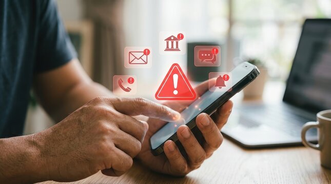 Close up of a person using a mobile phone with cyber security threat warning icons