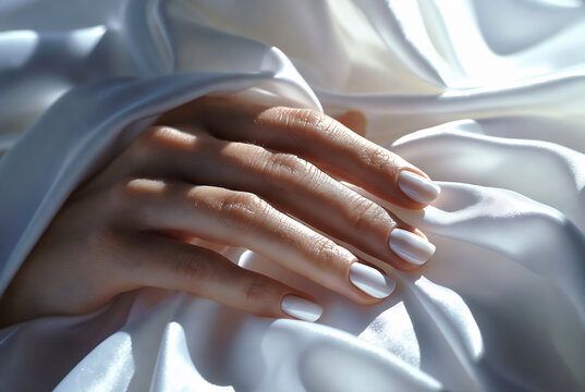 Hands are resting on a draped white satin cloth, suggesting a moment of relaxation or intimacy.