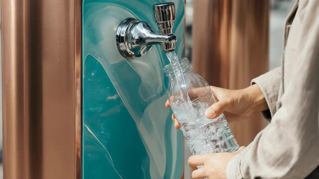 Close-up of hands filling a reusable plastic bottle at a public water dispenser. Eco-friendly hydration and zero waste concept