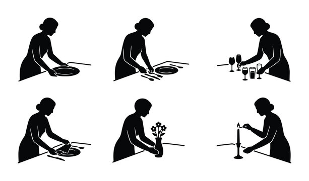 set of vector icons depicting dining activities performed by a woman silhouette