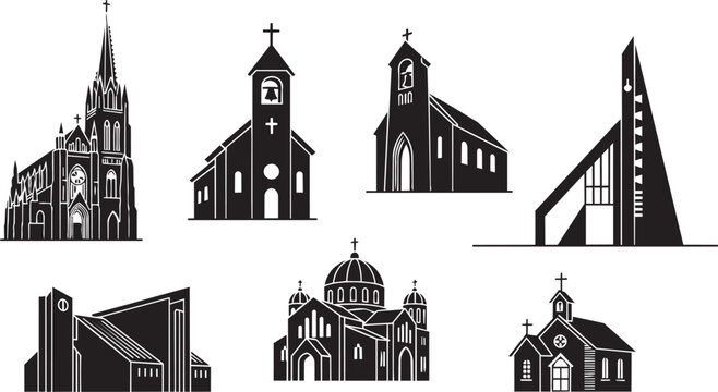 Black and white of european churches and cathedrals steeple bell tower gothic architecture