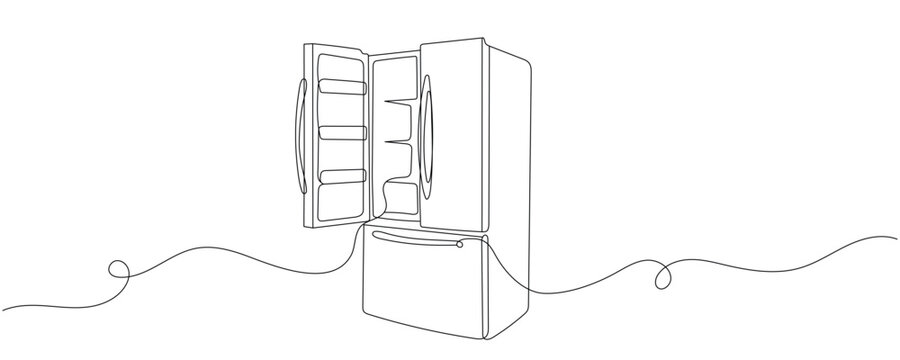 A refrigerator drawn with a single continuous line. An open refrigerator and freezer in a simple line style. Editable outline. Vector illustration.