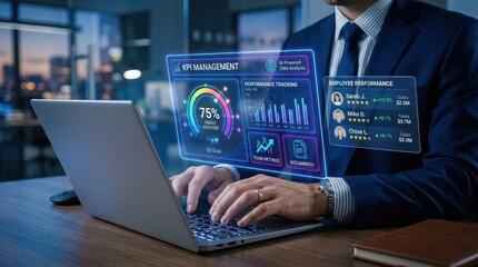 Fototapeta premium Business professional analyzing digital KPI management dashboard on a laptop