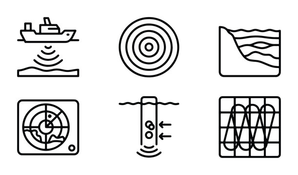 set of vector line art icons representing various themes such as technology navigation and communication