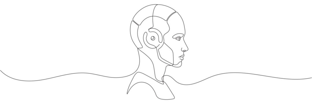 Artificial intelligence and digital technology. Humanoid face, line art. Continuous line drawing. Editable line.