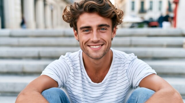 Young man smiling, sitting on city stairs