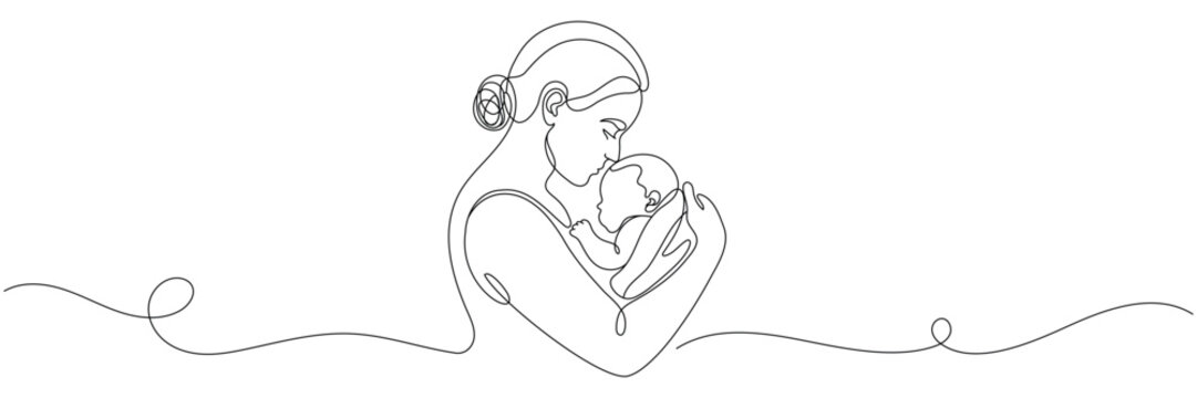 Mother hugging her baby. Vector illustration in single line drawing style "Mother and child", Mother's Day illustration. Editable line