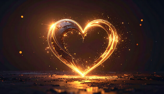 Glowing heart shape made of shimmering golden particles and light trails, abstract digital art, dramatic dark background with ground texture, sense of magic and energy