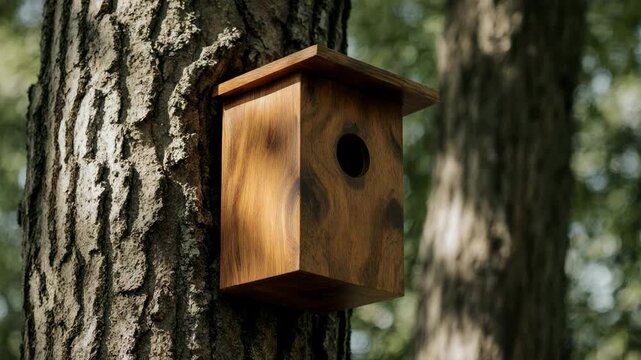 Wooden birdhouse mounted on a rough tree trunk. Handmade nesting box for wildlife conservation in a green forest setting. Ecology and habitat protection concept