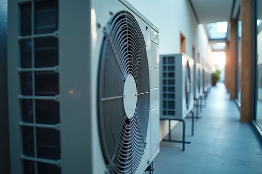A detailed view of a contemporary split HVAC system at work, demonstrating its effective cooling and heating capabilities in a building.