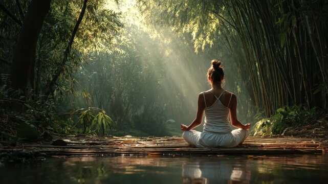 young woman in yoga lotus pose in tropical forest nature landscape animation