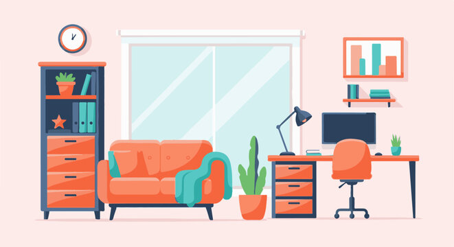 A cozy home office with a couch, desk, and bookshelf