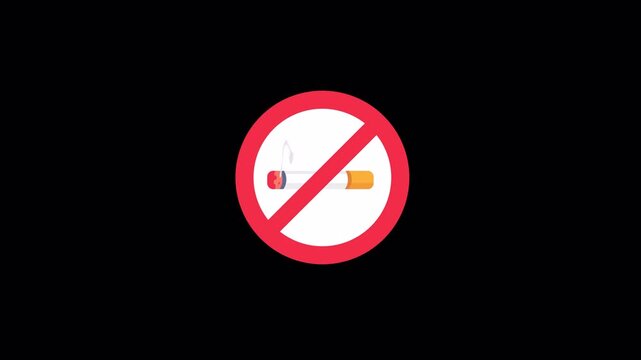Flat design animation of no smoking prohibition sign representing cigarette restriction health warning and smoke free area concept isolated in vector style,transparent background, alpha channel 