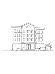 Fototapeta premium Hand-drawn hospital building with trees and entrance line art white background