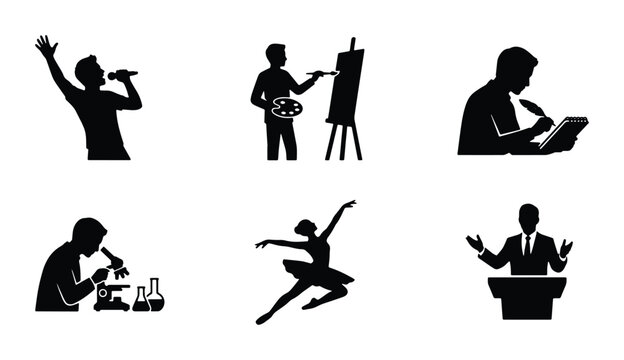 a collection of six silhouettes depicting various professions and activities