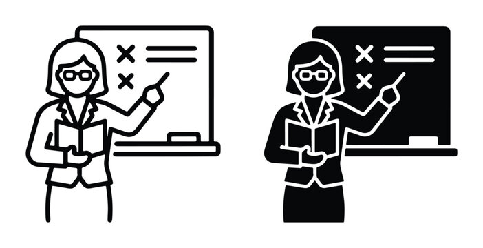 woman with pointer stick and book in hand standing beside blackboard showing x marks for incorrect answers