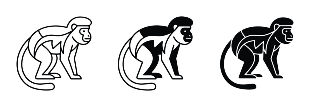 simple black and white vector icons of monkeys in three styles: outline filled with gradient solid fill