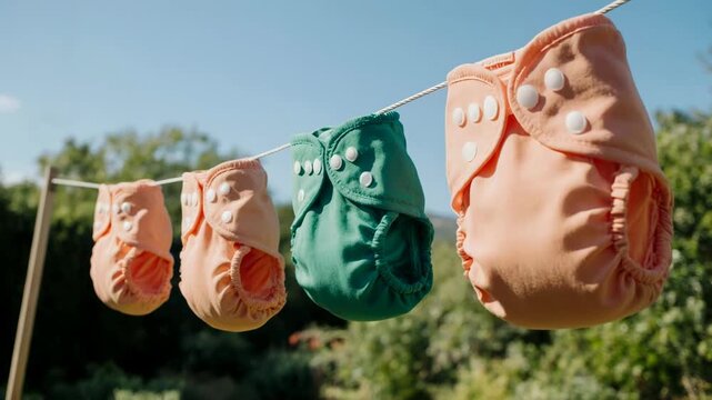 Perspective view of reusable cloth diapers on a clothesline. Sustainable baby products drying outdoors under a blue sky. Zero waste lifestyle and eco-parenting