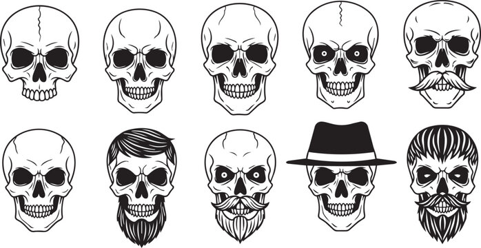 Black and white of skulls with various facial expressions and headwear skeleton head skull face